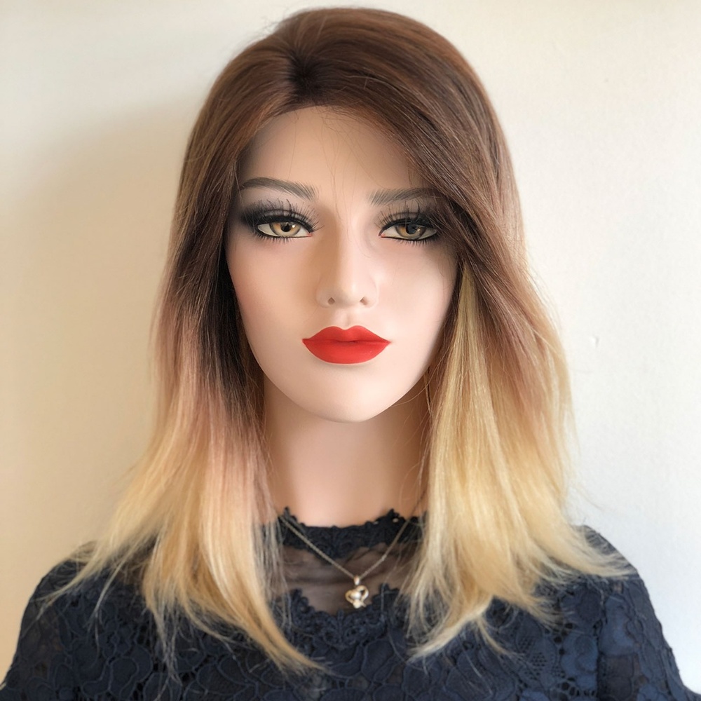 100% Human Hair Blonde Brown Ombre Lace Front Wig - Picture 2 of 7